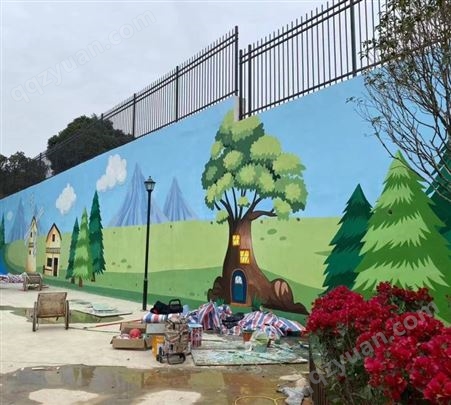 社区街道文化墙墙绘 主题卡通画彩绘 幼儿园外墙手绘