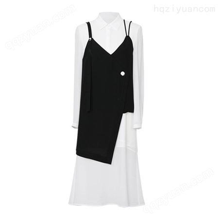 品牌女装货源批发 两件套吊带中裙时尚黑白两色雪纺连衣裙
